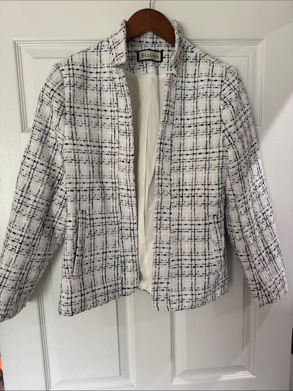 Women's White Black Plaid Tweed Jacket